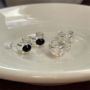 Minimalist 925 sterling silver hoop earrings with black onyx and opal stone inlay