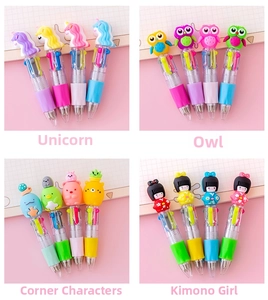 Detail of colorful multi-color ballpoint pens with cute 3D cartoon animal character toppers