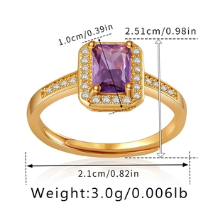 Detailed view of rectangle purple zircon ring with 18k gold plating and dimensions