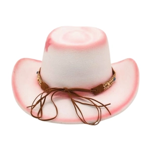 Detail of white cowboy hat with pink spray paint finish and star pattern on felt material