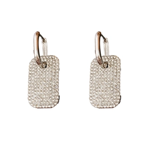 Sparkling silver square hoop earrings with full crystal pave setting on white background