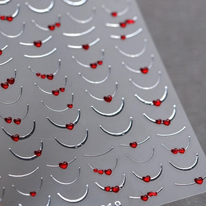 Stickers nail art 3D courbes argentées et cœurs rouges en relief pour manucure