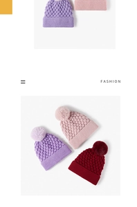 Detailed close-up of wave-knitted texture and large pom-poms on warm winter beanies