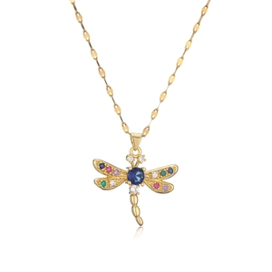 Luxury gold dragonfly pendant necklace with blue stones and colorful zircon stones