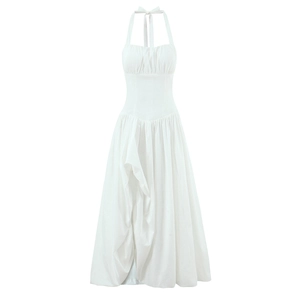 Elegant white halter neck maxi dress with a pleated bodice and side slit detailing