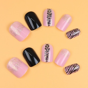 Pink leopard and zebra print glitter press-on nails in black finish 24pcs set