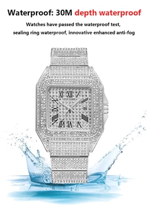 Waterproof silver diamond square watch showing 30M depth water splash effect
