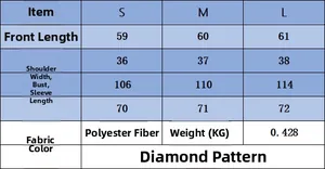 Size chart for diamond pattern knit polo shirt with bust and sleeve length details