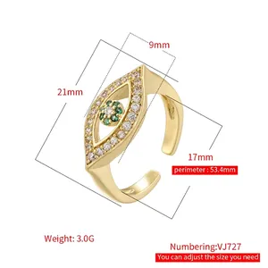 Adjustable evil eye ring with colorful diamonds and 18K gold plated copper band