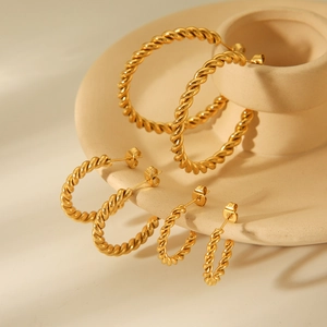 Hoop Earrings Stainless Steel Twisted Rope Design 18K Gold Plated C Shaped Versatile Fashion Jewelry For Women
