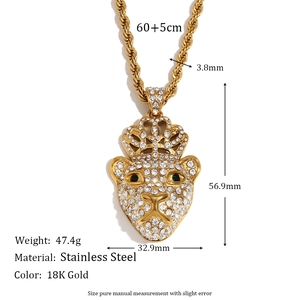 Hip hop 18K gold plated stainless steel lion head pendant with sparkling white crystals