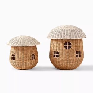 Set of two Nordic woven mushroom storage baskets in natural rattan for home decor