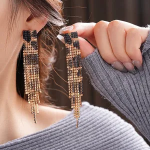 Luxury leopard print rhinestone tassel earrings with a vintage rectangular crystal design