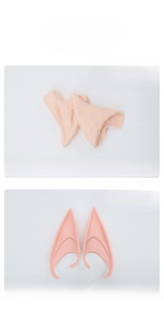 Close-up of soft silicone elf ears for cosplay, showing comfortable ear-hook design