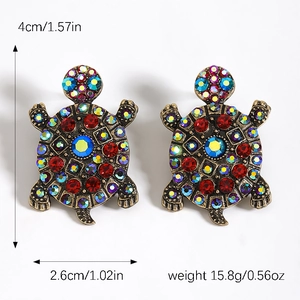 Colorful rhinestone turtle earrings with measurements 4cm by 2.6cm and weight 15.8g
