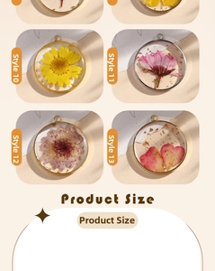 Macro detail of handmade resin floral pendants with dried flowers in gold and silver frames