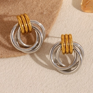 Boucles D'oreilles Puces Anneaux Entrelacés Acier Inoxydable Plaqué Or 18K Bicolore Géométrique Minimaliste Pour Femmes