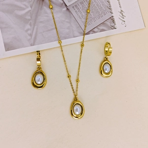 Vintage Stainless Steel Jewelry Teardrop Oval Faux Artificial Pearl Turquoise Pendant Necklace And Earrings For Women Gold Plated