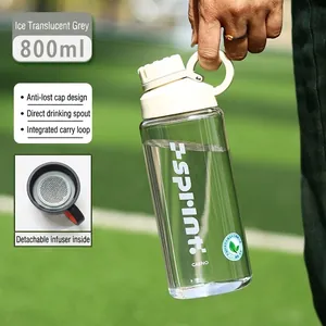 Icy gray 800ml sports water bottle with portable handle and tea filter for fitness