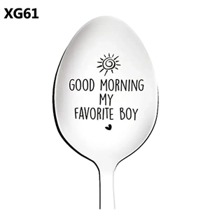 Macro shot of stainless steel spoon engraved with Good Morning My Favorite Boy