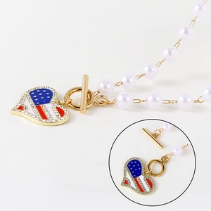 US Flag heart pendant pearl necklace with sparkling rhinestones and T-bar toggle clasp