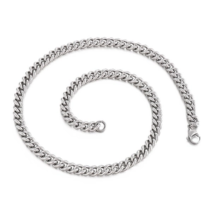 Polished silver cuban link chain necklace for men in a spiral layout on white background