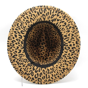 Wide brim leopard print wool fedora hat with interior black sweatband view