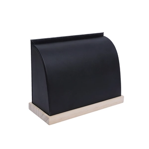 Black leather necklace display stand with solid wood base for jewelry presentation