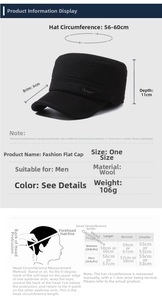 Detailed size chart for men's wool flat cap showing head circumference and measurements
