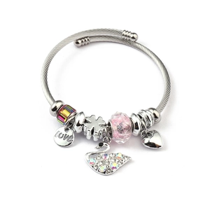 Silbernes Stahlperlenarmband mit Schwanenanhänger, Liebes-Charm und rosa Kristallperlen
