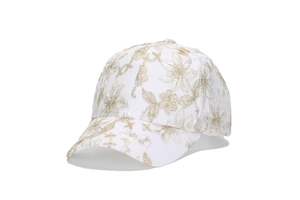 Detailed close-up of premium gold floral embroidery on a white textile baseball cap
