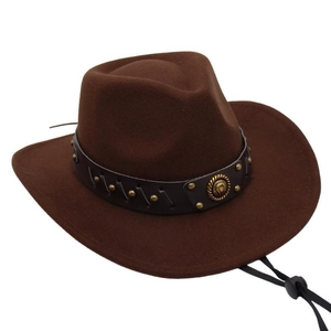 Detail of dark brown felt cowboy hat featuring leather band with gold rivets and chin cord