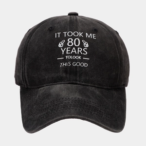 Casquette de baseball en coton noir délavé avec slogan du 80e anniversaire sur gris
