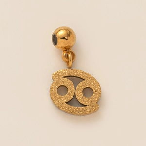 Macro detail of gold Cancer zodiac charm with matte finish and polished bail