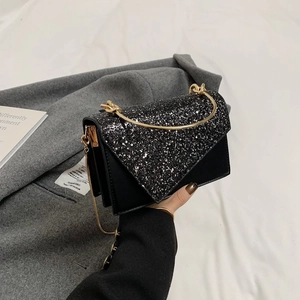 Detail der schwarzen Handtasche mit silbernen Pailletten, Goldgriff und Metallkette
