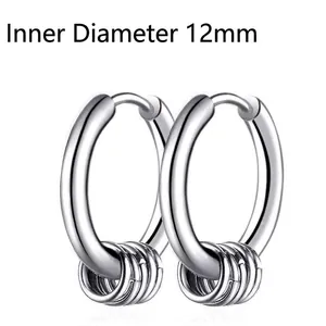 Close-up of hip-hop silver hoop earrings with triple hanging rings and 12mm inner diameter