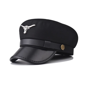 Vintage Sailor Cap With PU Leather Brim And Metal Bull Head Badge Retro Military Fiddler Hat For Men Women Fashion