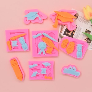 Graduation silicone molds set featuring owl, mortarboard, and diploma for cake decorating