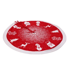 Classic red and white knitted Christmas tree skirt with festive holiday character patterns
