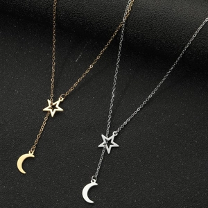 Collier Pendentif Étoile Lune En Acier Inoxydable Chaîne À Maillons Géométrique En Forme De Y Bijoux Élégants De Pull Cadeau Pour Femmes