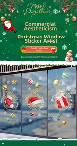 Detailed Christmas window decals featuring festive socks, hats, and red gift box patterns
