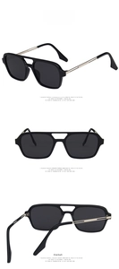 Three-way detail view of retro double-bridge pilot sunglasses with black frames and gray lenses