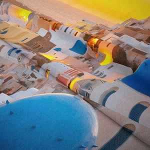 Detailed view of high-definition Santorini sunset landscape print on fabric tapestry
