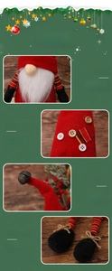 Detail of Christmas gnome showing red velvet fabric, wooden buttons, and striped long legs