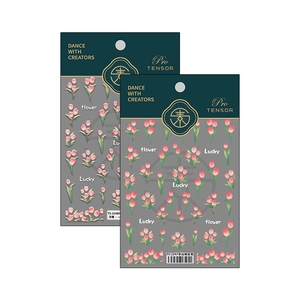 Adhesive tulip nail art stickers with pink floral patterns and lucky text stickers