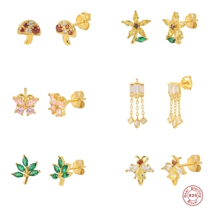 Dainty 925 Sterling Silver Earring Studs With Cubic Zirconia Tiny Butterfly Bee Mushroom Flower Jewelry For Women