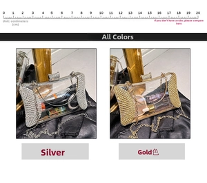 Detailed comparison of gold and silver acrylic evening bags with sparkling rhinestones