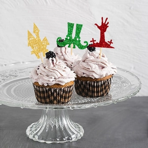 Glitter Halloween cupcake toppers set with golden castle green witch boots and red zombie hand