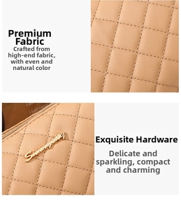 Close-up of beige quilted bag with lychee texture and gold metal logo hardware