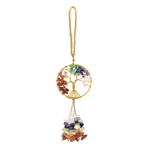Ornement Arbre de Vie en cristaux naturels avec pompons colorés pour la maison